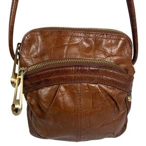 B MAKOWSKY Brown Leather Crossbody Handbag w/ Texture Gold Safety Pin Zip Pulls